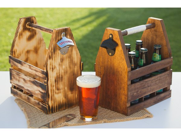 Wooden beer caddy in two finishes.