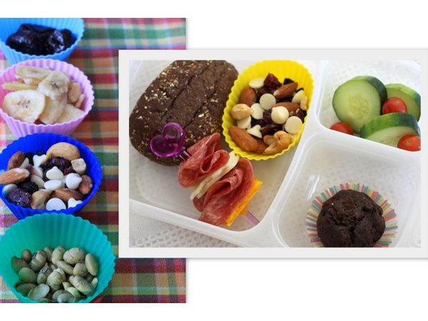 Prunes, banana chips, trail mix and roasted edamame.