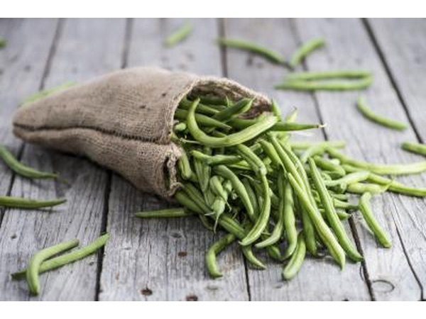 Sack of green beans on wood table.