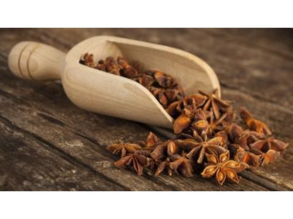 Anise stars with seeds in wooden scooper