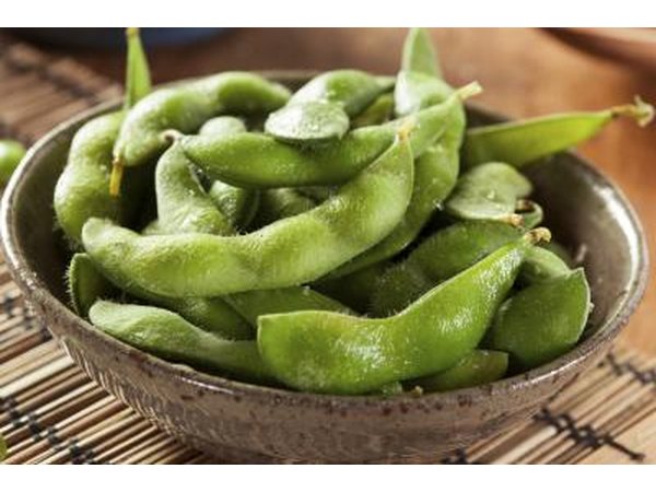 Small bowl of steamed edamame.