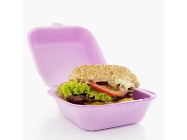 Close up of hamburger in a box.