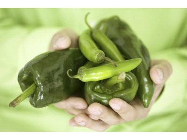 Person holding an assortment of green chilies and peppers