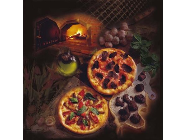 Pizza's are common foods cooked in a brick oven