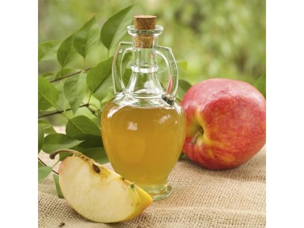 A bottle of apple cider vinegar on a table with apples