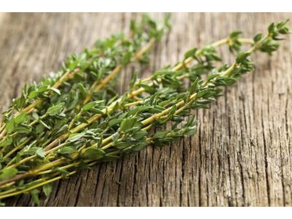 Close-up of thyme herb on wooden counter.