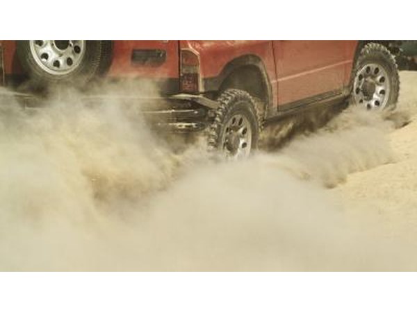 Car tires spraying dust in air