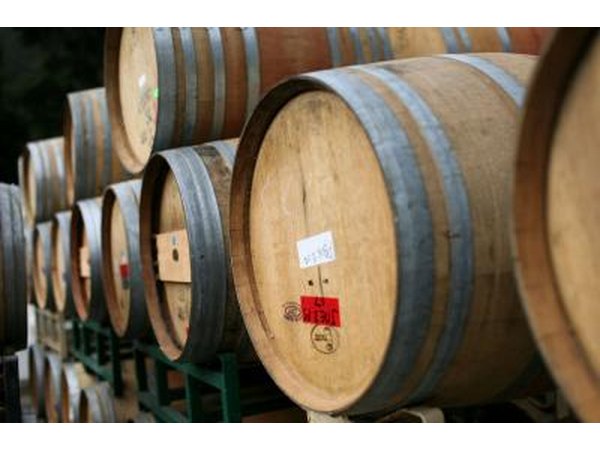 Rows of oak wine barrels