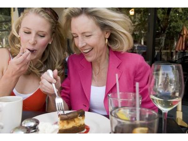 Mother and daughter splurging on a dessert at outdoor cafe.