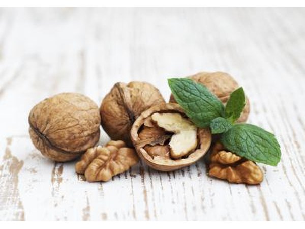 Walnuts on table top.