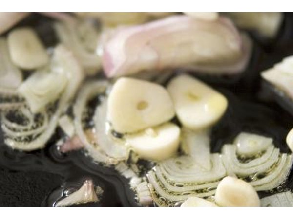 Onion and garlic in a frying pan.