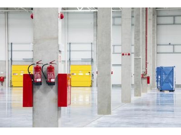 Fire extinguishers in warehouse.