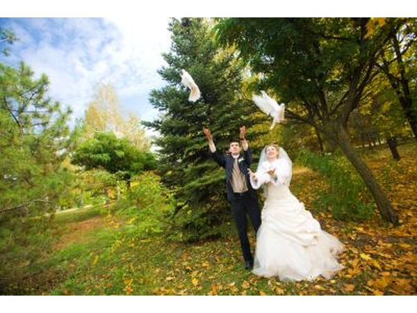 Bride and groom releasing doves into the air