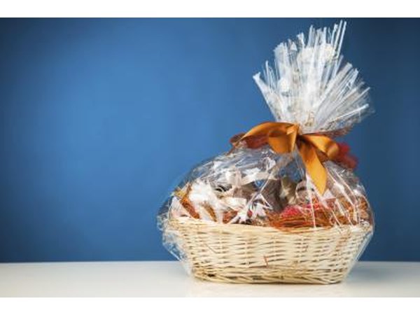 Small gift basket in front of blue wall
