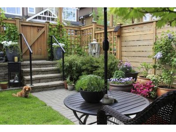 A wooden fence, trellis and potted plants in a private backyard.