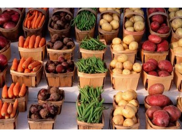 Rows of vegetables in baskets