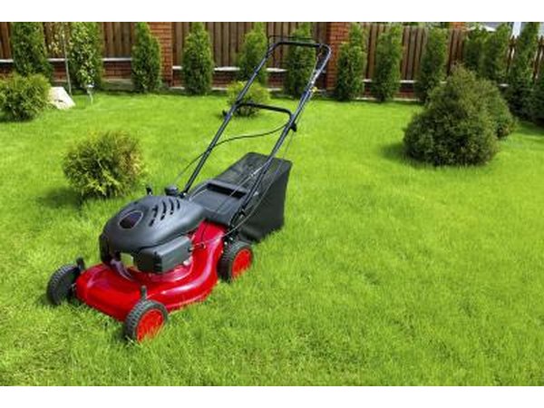 Red lawn mower on grass.