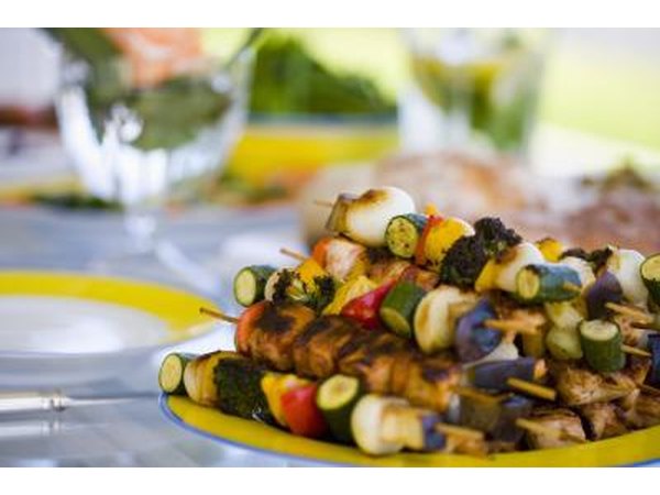 Grilled chicken and vegetable kebabs.
