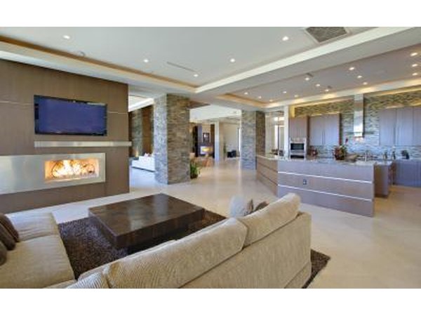 Open plan design with television, family room and kitchen