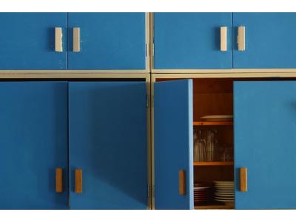 Blue kitchen cabinets.