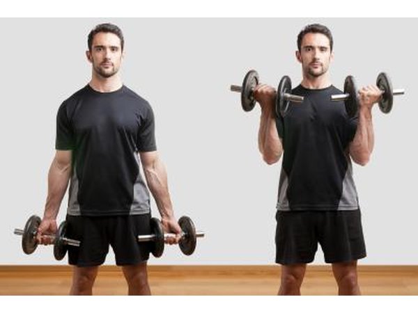 A man performs a standing bicep curl.