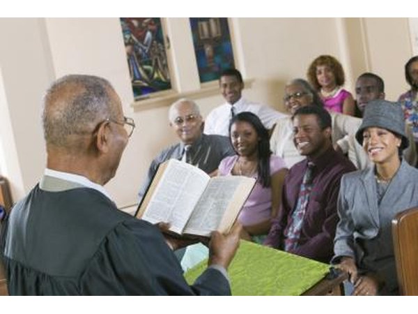 Paster giving sermon in church.