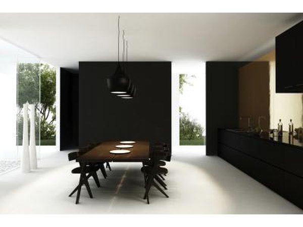A modern formal dining room has sleek lines and minimal ornamentation