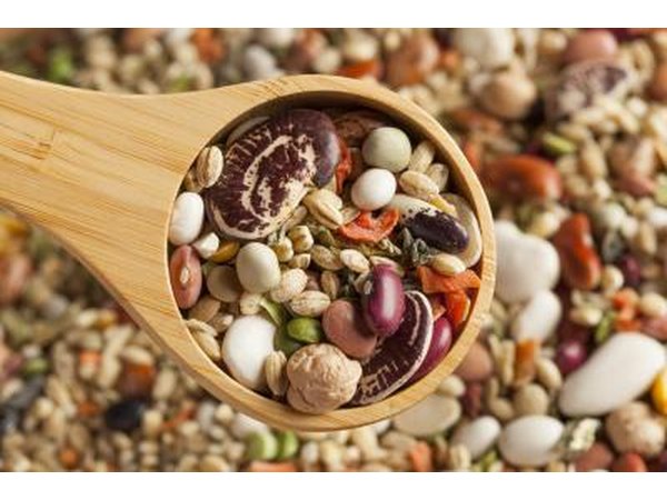 Large wooden spoon filled with an assortment of beans