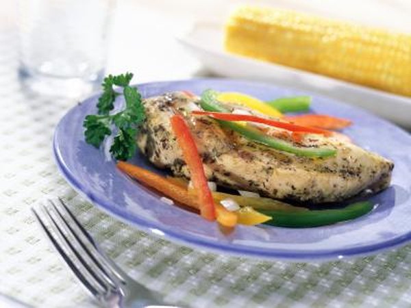 A plate of grilled chicken and vegetables.