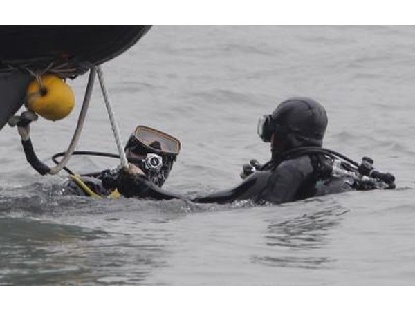 Navy divers in ocean.