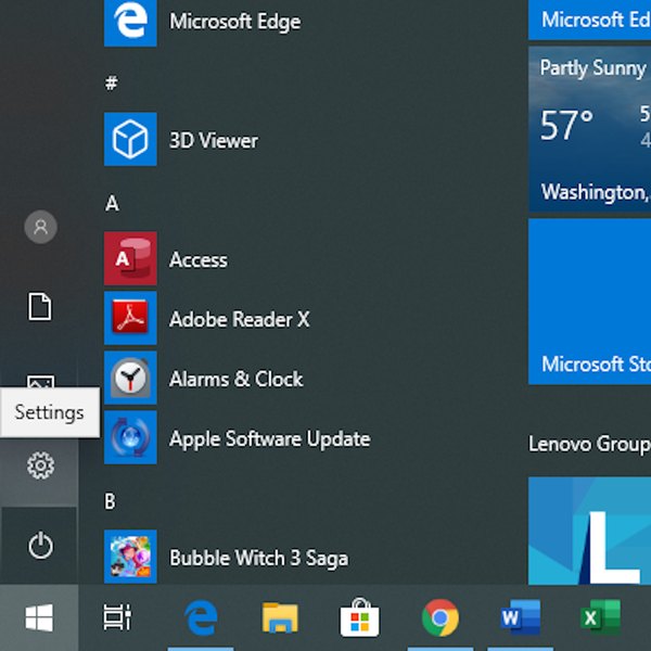 Going to Start menu and Settings on Windows 10.