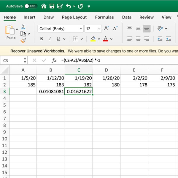 Weight loss calculation formula in Excel.