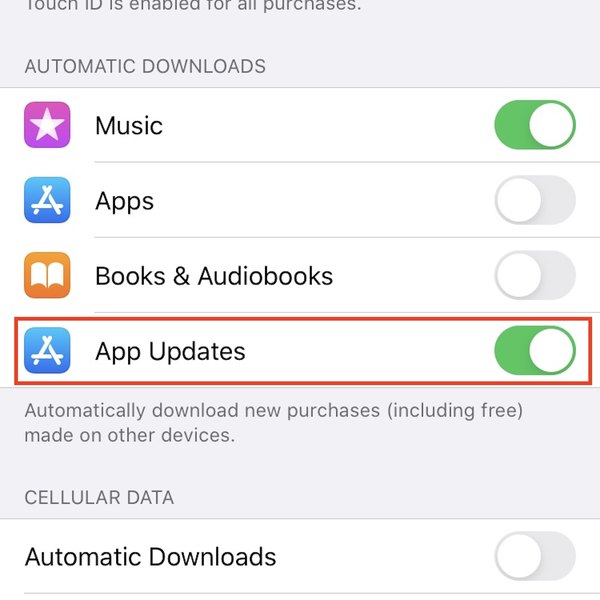 App Updates switched to on for iPhone.