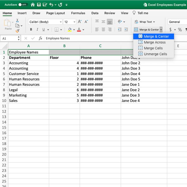 Merge & Center options in Excel.