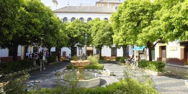 Christof Koepsel/Digital Vision/Getty Images Shade and water features are Mediterranean courtyard must-haves.
