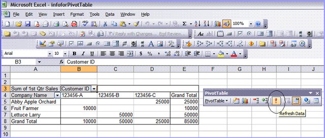 Refresh Data icon is on the PivotTable toolbar