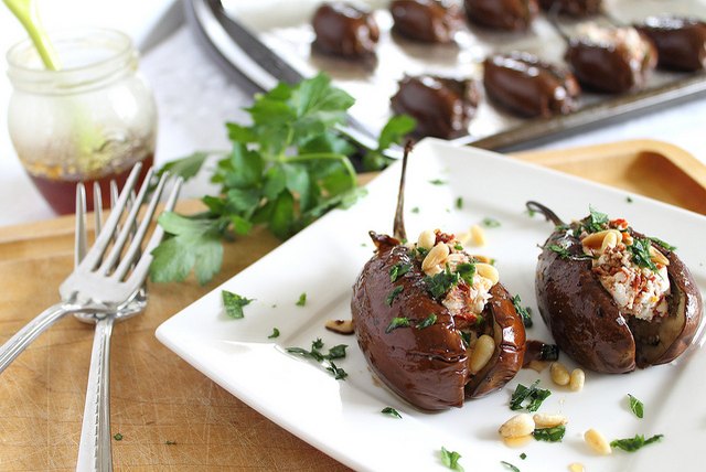 Eggplant is a great vehicle for stuffers, such as goat cheese.