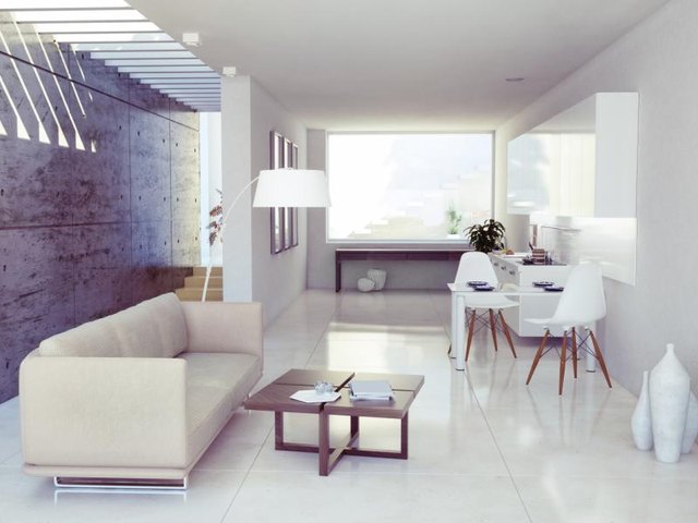 A modern minimal living and eating space.