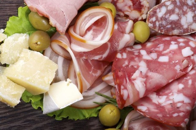 Sliced meat and cubed cheese