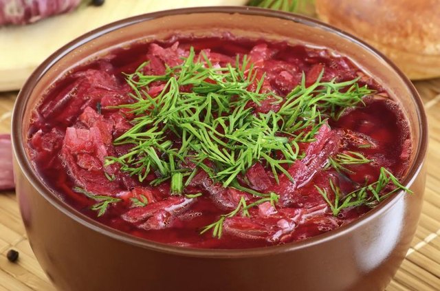 Red borscht in a bowl.