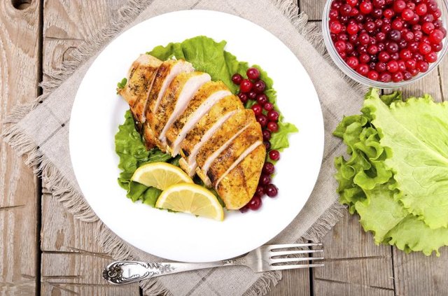 Cooked chicken breast with cranberries and lettuce