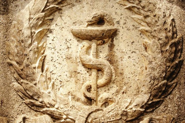 Carving of a snake wrapped around a stick.