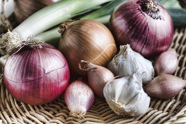 Garlic bulbs and an assortment of onions.