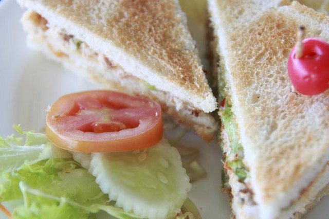 A seafood salad sandwich served on toast with fresh cucumber, tomato and lettuce.