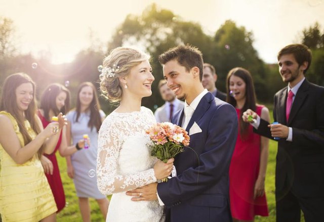 Bride and groom celebrating.