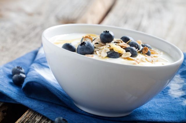Small bowl of yogurt with blueberries and granola on top.