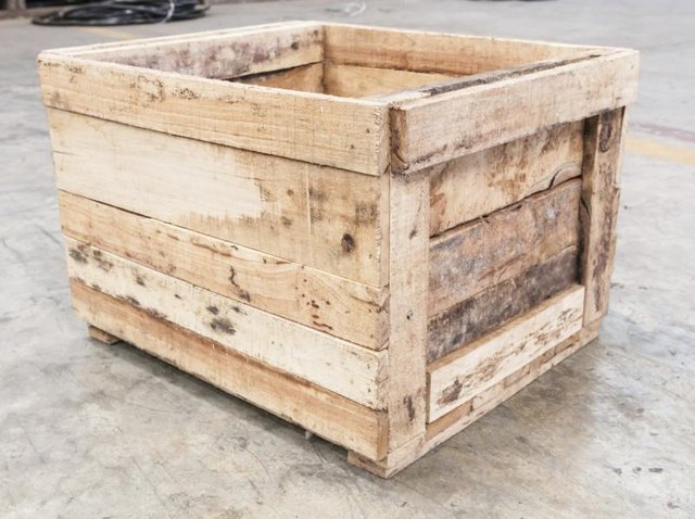 An empty wood crate.