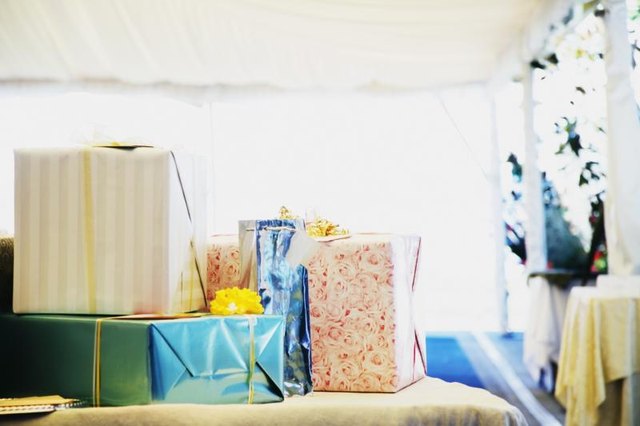 Wedding gifts on table.