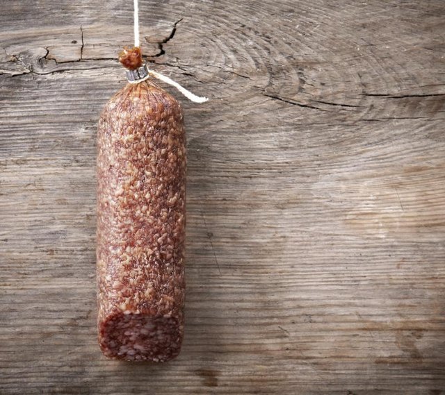 Salami hanging from a string.