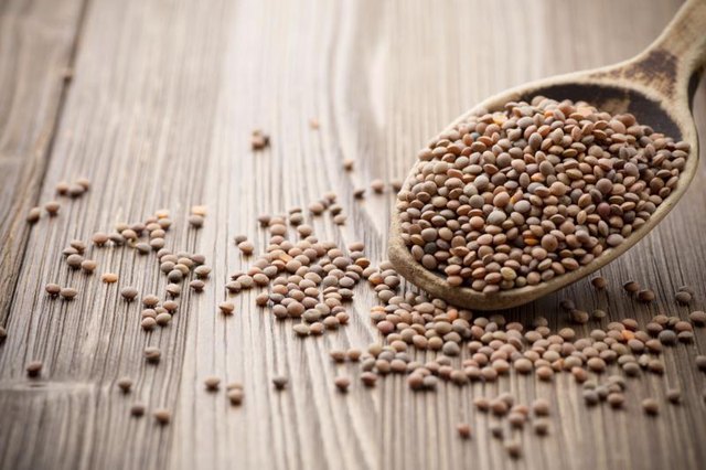 Dry lentils on a wooden spoon.